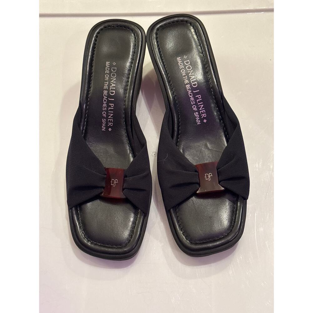DONALD J PLINER Vintage Black DJP Wedge Slides Fabric W/Tortoiseshell Center 8.5
